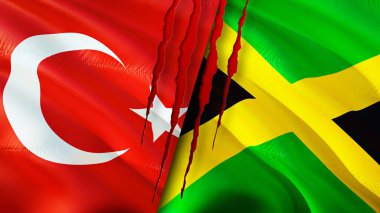 Yara izi olan hindi ve Jamaika bayrakları. Dalgalanan bayrak, 3 boyutlu görüntüleme. Türkiye ve Jamaika çatışma konsepti. Hindi Jamaika ilişkileri kavramı. Türkiye ve Jamaika bayrağı krizi, savaş, saldırı konsepti