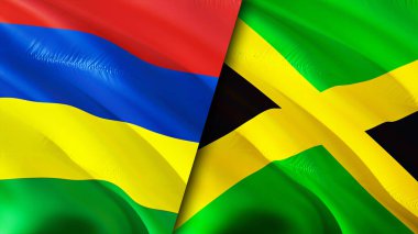 Mauritius ve Jamaika bayrakları. 3 boyutlu dalgalanan bayrak tasarımı. Mauritius Jamaika bayrağı, resim, duvar kağıdı. Mauritius, Jamaika 'ya karşı, görüntü 3D. Mauritius Jamaika ilişkileri ittifak ve ticaret, seyahat, turnuva