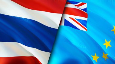 Tayland ve Tuvalu bayrakları. 3 boyutlu dalgalanan bayrak tasarımı. Tayland Tuvaleti bayrağı, resim, duvar kağıdı. Tayland Tuvalu 'ya karşı, görüntü 3 boyutlu. Tayland Tuvalu ilişkileri ittifak ve ticaret, seyahat, turizm konsepti