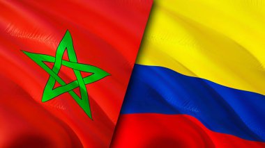 Fas ve Kolombiya bayrakları. 3 boyutlu dalgalanan bayrak tasarımı. Fas Kolombiya bayrağı, resim, duvar kağıdı. Fas, Kolombiya 'ya karşı, görüntü 3 boyutlu. Fas Kolombiya ilişkileri ittifak ve ticaret, seyahat, turnuva