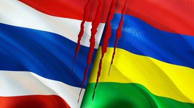 Yara izi olan Tayland ve Mauritius bayrakları. Dalgalanan bayrak, 3 boyutlu görüntüleme. Tayland ve Mauritius çatışma konsepti. Tayland ve Mauritius ilişkileri kavramı. Tayland bayrağı ve Mauritius krizi, savaş