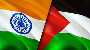 Hindistan ve Filistin bayrakları. 3 boyutlu dalgalanan bayrak tasarımı. Hindistan Filistin bayrağı, resim, duvar kağıdı. Hindistan, Filistin 'e karşı, görüntü 3 boyutlu. Hindistan Filistin ilişkileri ittifak ve ticaret, seyahat, turizm konsepti