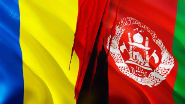 Romanya ve Afganistan yara izi kavramına sahip bayraklar. Dalgalanan bayrak, 3 boyutlu görüntüleme. Romanya ve Afganistan ihtilaf kavramı. Romanya Afganistan ilişkileri kavramı. Romanya ve Afganistan bayrağı