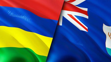 Mauritius ve Anguilla bayrakları. 3 boyutlu dalgalanan bayrak tasarımı. Mauritius Anguilla bayrağı, resim, duvar kağıdı. Mauritius, Anguilla 'ya karşı, görüntü 3 boyutlu. Mauritius Anguilla İlişkiler Birliği