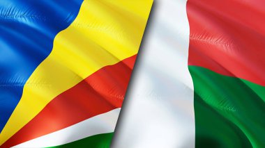 Seyşel ve Madagaskar bayrakları. 3 boyutlu dalgalanan bayrak tasarımı. Seyşeller Madagaskar bayrağı, resim, duvar kağıdı. Seyşeller Madagaskar 'a karşı, görüntü 3 boyutlu. Seyşeller Madagaskar ilişkiler ittifakı