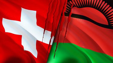 Yara izi olan İsviçre ve Malavi bayrakları. Dalgalanan bayrak, 3 boyutlu görüntüleme. İsviçre ve Malawi çatışma konsepti. İsviçre Malavi ilişkileri kavramı. İsviçre bayrağı ve Malavi krizi, savaş