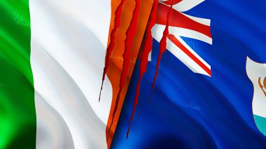 İrlanda ve Anguilla yara izi olan bayraklar. 3D bayrak sallama. İrlanda ve Anguilla çatışma konsepti. İrlanda Anguilla ilişkileri kavramı. İrlanda bayrağı ve Anguilla krizi, savaş, attac