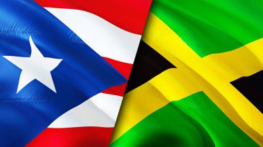 Porto Riko ve Jamaika bayrakları. 3 boyutlu dalgalanan bayrak tasarımı. Porto Riko Jamaika bayrağı, resim, duvar kağıdı. Porto Riko, Jamaika 'ya karşı, 3 boyutlu görüntü. Porto Riko Jamaika ilişkileri