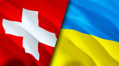İsviçre ve Ukrayna bayrakları. 3 boyutlu dalgalanan bayrak tasarımı. İsviçre Ukrayna bayrağı, resim, duvar kağıdı. İsviçre, Ukrayna 'ya karşı, görüntü 3 boyutlu. İsviçre Ukrayna ilişkileri ittifakı