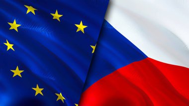 Avrupa Birliği ve Çek bayrakları. 3 boyutlu dalgalanan bayrak tasarımı. Avrupa Birliği Çek bayrağı, resim, duvar kağıdı. Avrupa Birliği, Çek imajına karşı, 3D görüntüleme. Avrupa Birliği Çek İlişkileri ittifakı