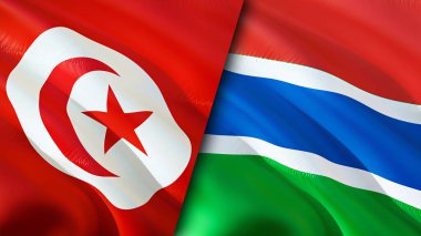 Tunus ve Gambiya bayrakları. 3 boyutlu dalgalanan bayrak tasarımı. Tunus Gambiya bayrağı, resim, duvar kağıdı. Tunus Gambiya 'ya karşı, görüntü 3 boyutlu. Tunus Gambiya ilişkileri ittifak ve ticaret, seyahat, turizm konsepti