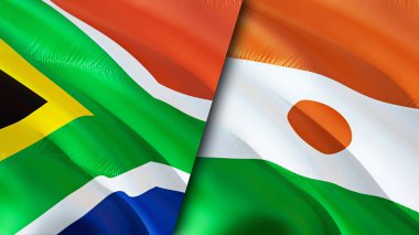 Güney Afrika ve Nijer bayrakları. 3 boyutlu dalgalanan bayrak tasarımı. Güney Afrika Nijer bayrağı, resim, duvar kağıdı. Güney Afrika, Nijer imajına karşı, 3D görüntüleme. Güney Afrika Nijer ilişkileri ittifakı