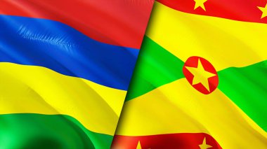 Mauritius ve Grenada bayrakları. 3 boyutlu dalgalanan bayrak tasarımı. Mauritius Grenada bayrağı, resim, duvar kağıdı. Mauritius, Grenada 'ya karşı, görüntü 3 boyutlu. Mauritius Grenada ilişkileri ittifak ve ticaret, seyahat, turnuva