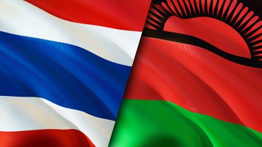 Tayland ve Malavi bayrakları. 3 boyutlu dalgalanan bayrak tasarımı. Tayland Malawi bayrağı, resim, duvar kağıdı. Tayland, Malawi 'ye karşı, görüntü 3 boyutlu. Tayland Malavi ilişkileri ittifak ve ticaret, seyahat, turizm konsepti