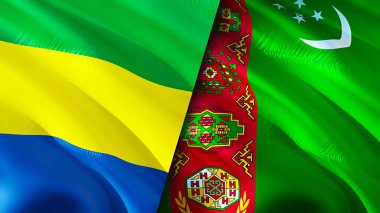 Gabon ve Türkmenistan bayrakları. 3 boyutlu dalgalanan bayrak tasarımı. Gabon Türkmenistan bayrağı, resim, duvar kağıdı. Gabon, Türkmenistan 'a karşı, görüntü 3 boyutlu. Gabon Türkmenistan ilişkileri bir ittifak