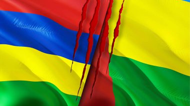 Mauritius ve Gine Bissau yara izi olan bayraklar. Dalgalanan bayrak, 3 boyutlu görüntüleme. Mauritius ve Gine Bissau çatışma konsepti. Mauritius Gine Bissau ilişkileri kavramı. Mauritius ve Guine bayrağı