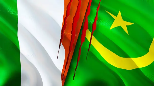 Ierland Mauritanië Vlaggen Met Litteken Concept Wuivende Vlag Rendering Conflictconcept — Stockfoto
