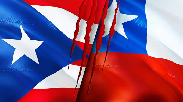 プエルトリコとチリは傷の概念でフラグを立てます 旗を振って3Dレンダリング プエルトリコとチリの紛争の概念 プエルトリコチリ関係の概念 プエルトリコとチリの危機戦争攻撃の旗 — ストック写真