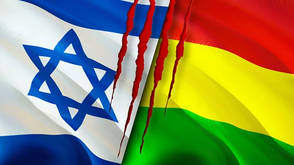 Israel and Bolivia flags with scar concept. Waving flag,3D rendering. Israel and Bolivia conflict concept. Israel Bolivia relations concept. flag of Israel and Bolivia crisis,war, attack concep