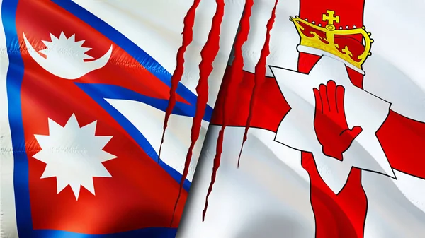 Flagi Nepalu Irlandii Północnej Blizną Machanie Flagą Renderowanie Koncepcja Konfliktu — Zdjęcie stockowe