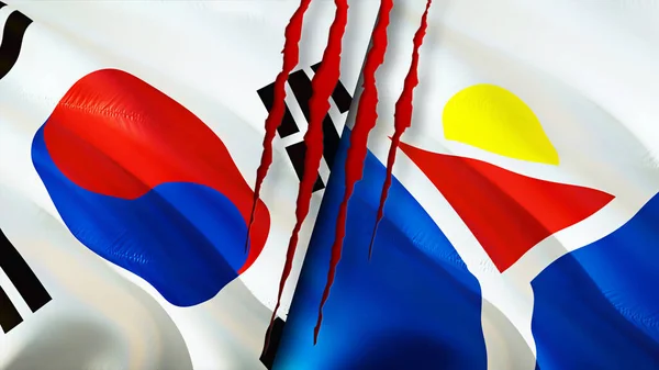 South Korea Saint Martin Flags Scar Concept Waving Flag Rendering — Stock Photo, Image