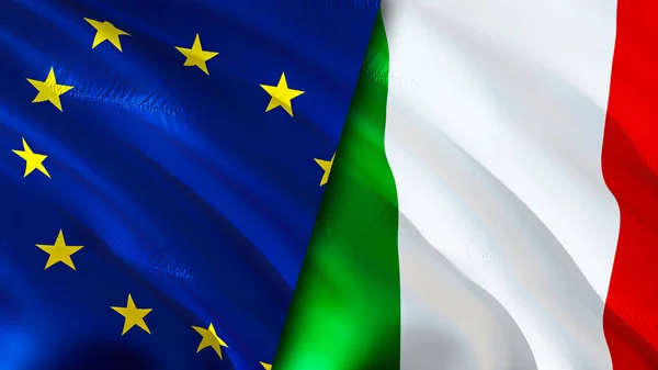 European Union and Italy flags. 3D Waving flag design. European Union Italy flag, picture, wallpaper. European Union vs Italy image,3D rendering. European Union Italy relations alliance an