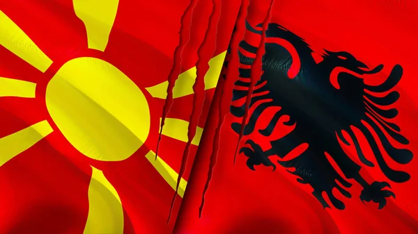 North Macedonia Albania Flags Scar Concept Waving Flag Rendering North — Stock Photo, Image
