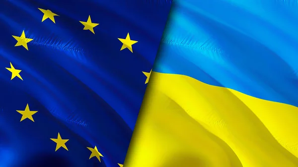 European Union and Ukraine flags. 3D Waving flag design. European Union Ukraine flag, picture, wallpaper. European Union vs Ukraine image,3D rendering. European Union Ukraine relations alliance an