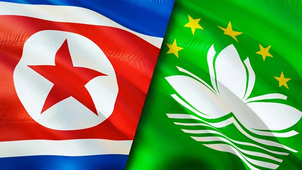 North Korea and Macau flags. 3D Waving flag design. North Korea Macau flag, picture, wallpaper. North Korea vs Macau image,3D rendering. North Korea Macau relations alliance and Trade,travel,touris