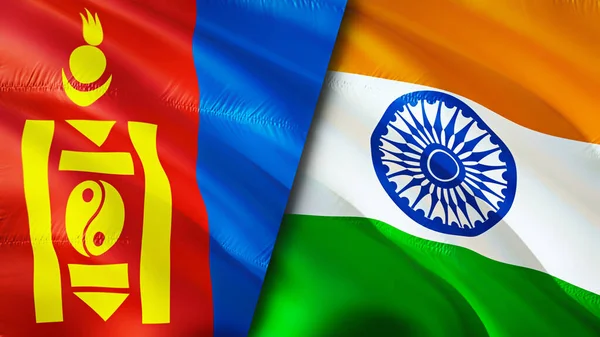 Mongolia and India flags. 3D Waving flag design. Mongolia India flag, picture, wallpaper. Mongolia vs India image,3D rendering. Mongolia India relations alliance and Trade,travel,tourism concep