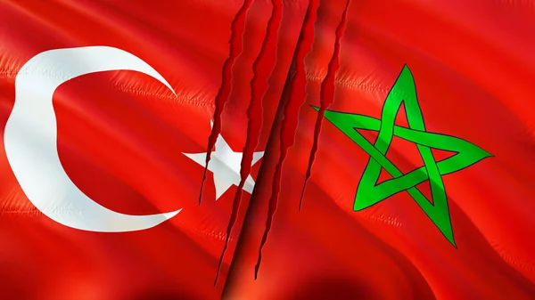 Turecko Maroko Vlajky Koncepcí Jizvy Vlnění Vlajky Vykreslování Koncept Konfliktu — Stock fotografie