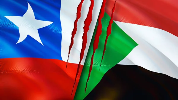 Chile and Sudan flags with scar concept. Waving flag,3D rendering. Chile and Sudan conflict concept. Chile Sudan relations concept. flag of Chile and Sudan crisis,war, attack concep