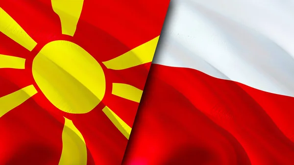 North Macedonia and Poland flags. 3D Waving flag design. North Macedonia Poland flag, picture, wallpaper. North Macedonia vs Poland image,3D rendering. North Macedonia Poland relations alliance an