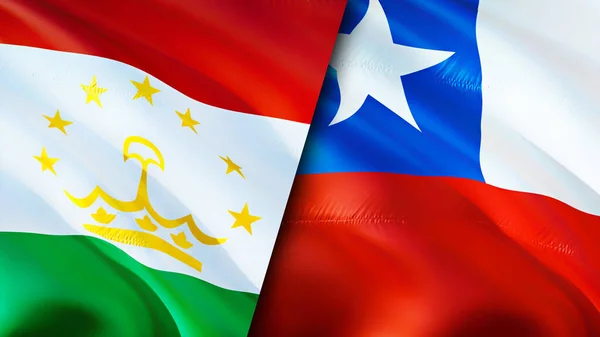 Tajikistan and Chile flags. 3D Waving flag design. Tajikistan Chile flag, picture, wallpaper. Tajikistan vs Chile image,3D rendering. Tajikistan Chile relations alliance and Trade,travel,touris