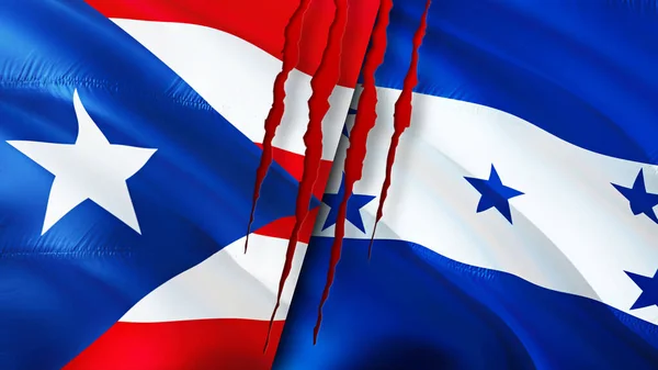 Puerto Rico and Honduras flags with scar concept. Waving flag,3D rendering. Puerto Rico and Honduras conflict concept. Puerto Rico Honduras relations concept. flag of Puerto Rico and Hondura
