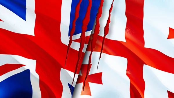 Birleşik Krallık Gürcistan Bayrakları Yara Izi Konseptiyle Dalgalanan Bayrak Boyutlu — Stok fotoğraf