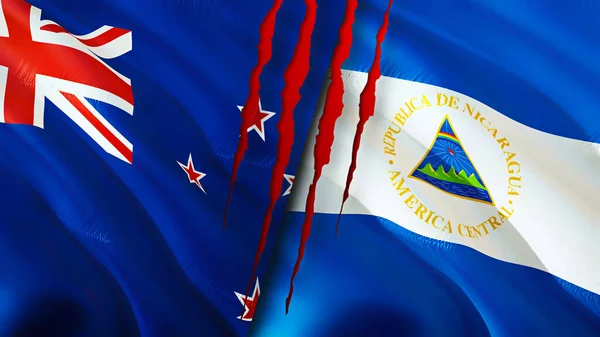 新西兰和尼加拉瓜的国旗带有疤痕概念 波浪旗3D渲染 新西兰和尼加拉瓜冲突概念 新西兰尼加拉瓜关系概念 新西兰国旗和Nicaragu国旗 — 图库照片