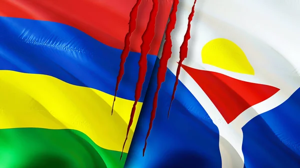 Mauritius and Saint Martin flags with scar concept. Waving flag,3D rendering. Mauritius and Saint Martin conflict concept. Mauritius Saint Martin relations concept. flag of Mauritius and Sain