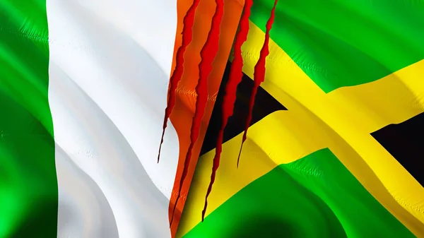 Irlanda Jamaica Banderas Con Concepto Cicatriz Ondeando Bandera Renderizado Conflicto —  Fotos de Stock