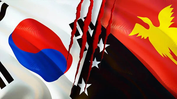 South Korea and Papua New Guinea flags with scar concept. Waving flag,3D rendering. South Korea and Papua New Guinea conflict concept. South Korea Papua New Guinea relations concept. flag of Sout
