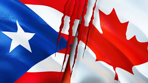 Banderas Puerto Rico Canadá Con Concepto Cicatriz Bandera Ondeante Representación — Foto de Stock