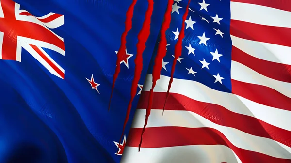 New Zealand and USA flags with scar concept. Waving flag 3D rendering. New Zealand and USA conflict concept. New Zealand USA relations concept. flag of New Zealand and USA crisis,war, attack concep