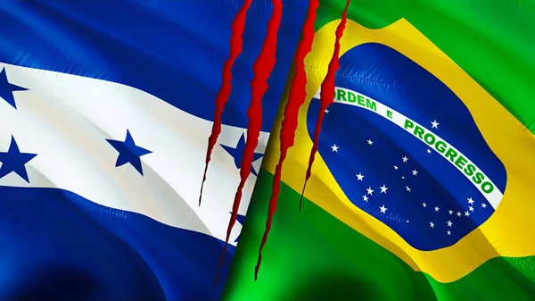 洪都拉斯和巴西的国旗带有疤痕概念 波浪旗3D渲染 洪都拉斯和巴西冲突概念 洪都拉斯 巴西关系概念 洪都拉斯和巴西国旗危机 — 图库照片