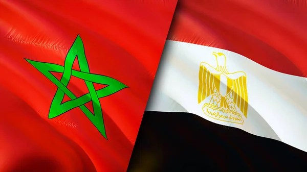 Morocco and Egypt flags. 3D Waving flag design. Morocco Egypt flag, picture, wallpaper. Morocco vs Egypt image,3D rendering. Morocco Egypt relations alliance and Trade,travel,tourism concep