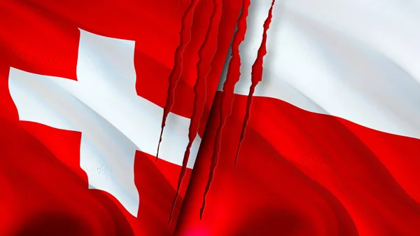 Switzerland and Poland flags with scar concept. Waving flag,3D rendering. Switzerland and Poland conflict concept. Switzerland Poland relations concept. flag of Switzerland and Poland crisis,war