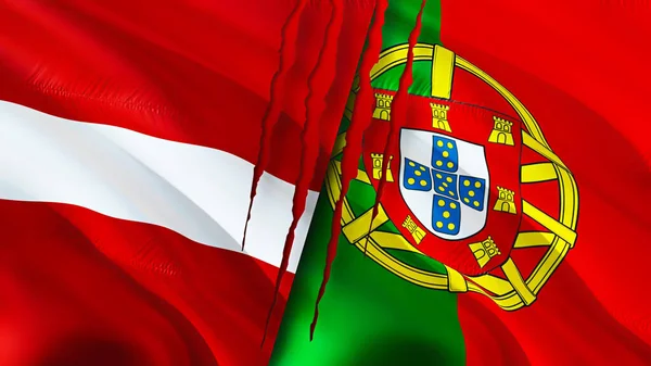 ラトビアとポルトガルは傷の概念でフラグを立てます 旗を振って3Dレンダリング ラトビアとポルトガルの対立概念 ラトビアポルトガル関係の概念 ラトビアとポルトガルの旗危機戦争攻撃コンプ — ストック写真