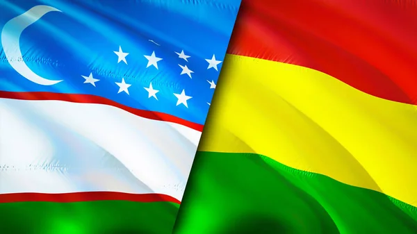 Uzbekistan and Bolivia flags. 3D Waving flag design. Uzbekistan Bolivia flag, picture, wallpaper. Uzbekistan vs Bolivia image,3D rendering. Uzbekistan Bolivia relations alliance an