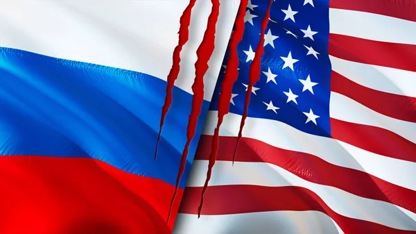 Russia and USA flags with scar concept. Waving flag,3D rendering. Russia and USA conflict concept. Russia USA relations concept. flag of Russia and USA crisis,war, attack concep