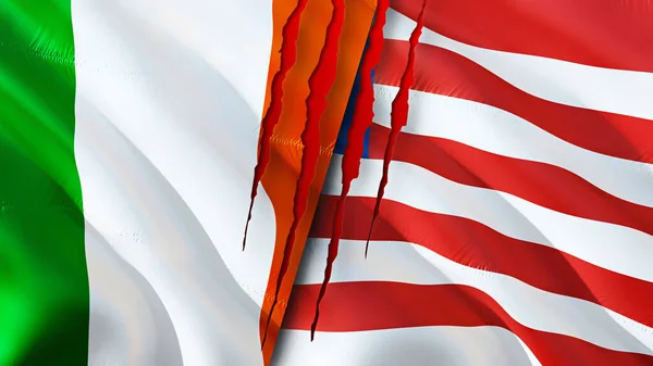 Ierland Liberia Vlaggen Met Litteken Concept Wuivende Vlag Rendering Conflictconcept — Stockfoto