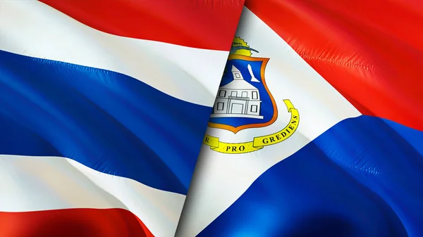 泰国和圣马丁岛的国旗 3D波浪旗帜设计 泰国Sint Maarten国旗 泰国对圣马丁岛图像 3D渲染 泰国圣马丁岛关系联盟 — 图库照片